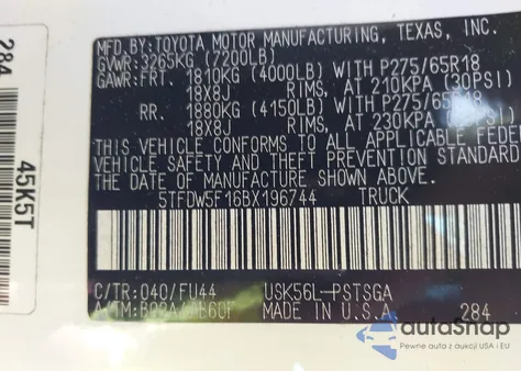 2011 Toyota Tundra Grade 5.7L V8 из США, поврежденный, VIN 5TFDW5F16BX196744